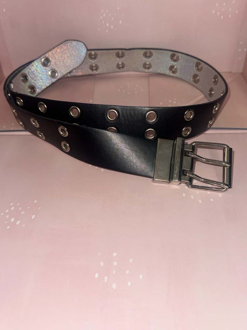 Hot Topic Reversible Black and Holographic Double Grommet Belt-42 inch